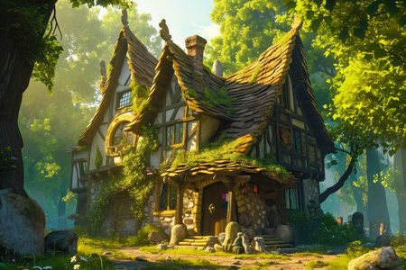 Illustration of a fairytale cottage in the middle of a forest created with Generative AI technologyの素材