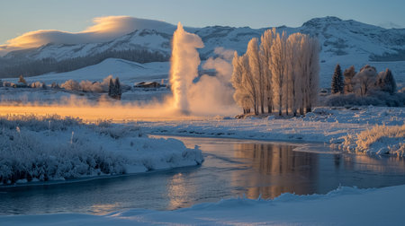 AI generated a snowy landscape with mountains trees a river and a geyser at sunsetの素材