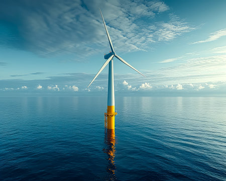 AI generated a seascape with a single offshore wind turbine on a yellow monopileの素材