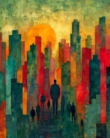 AI generated an artwork with skyscrapers and silhouettes of people representing social inequalityの素材