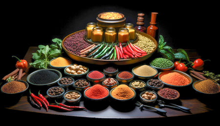 AI generated a picture of a chef's arrangement of cooking utensils and ingredients on a wooden tableの素材