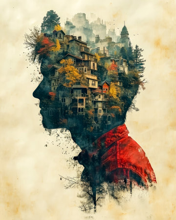 AI generated a double exposure of a side portrait of a man buildings and treesの素材