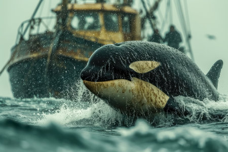Picture of a killer whale being chased by a fishing boat created with Generative AI technologyの素材