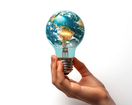 AI generated a sustainable Energy Campaign represented by the Earth inside a light bulb held by a woman's hand on a white backgroundの素材