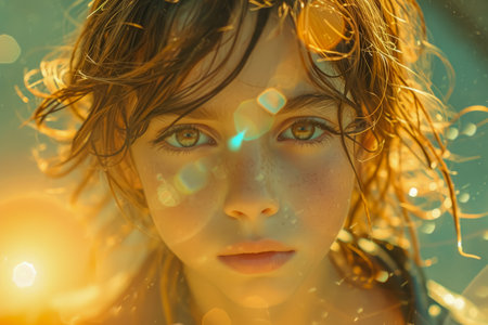 Close-up of a girl with a serious expression under a deep flare light illumination created with Generative AI technologyの素材