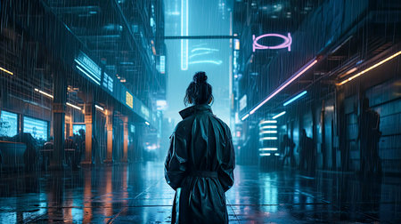 AI generated a back view of a woman in a city in the rain falling at nightの素材