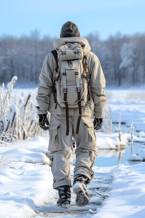 AI generated a back view of a man in winter clothing walking through a completely snowy meadowの素材