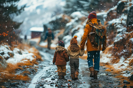AI generated a rear view of a mother and her two children holding hands taking a walk under light snowfallの素材