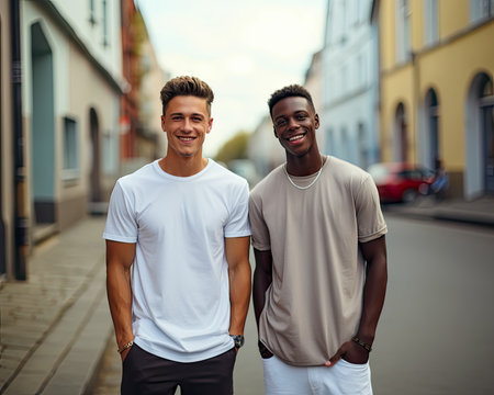 AI generated a street portrait reflecting the interracial friendship between two teenage boysの素材
