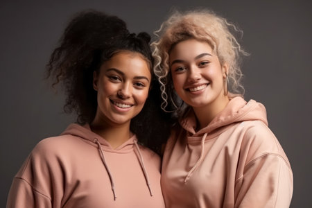 Studio portrait of two smiling African-American women in pink sweatshirts created with Generative AI technology.の素材