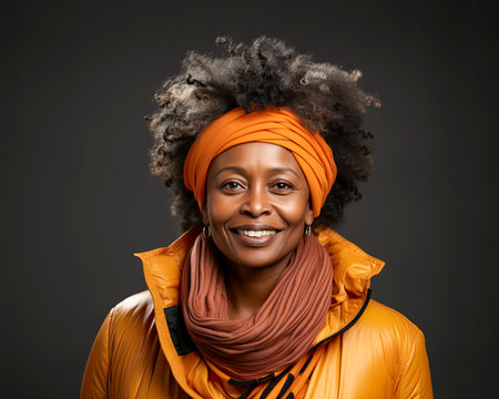 AI generated a studio portrait on gray background of a happy older African American woman dressed in a coatの素材
