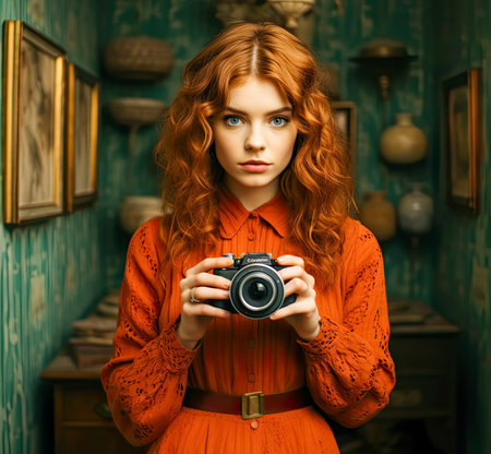 AI generated a portrait of a redhaired woman holding a camera. World Photography Dayの素材
