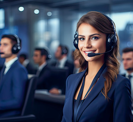 Portrait of a call center worker in her workplace created with Generative AI technologyの素材