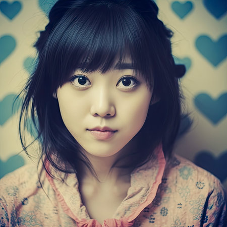 AI generated a studio portrait of an Asian brunette girl on a white background with blue heartsの素材
