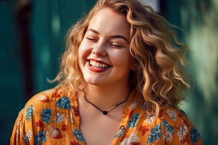 Portrait of a laughing blonde Caucasian woman created with Generative AI technology. Concept of happinessの素材