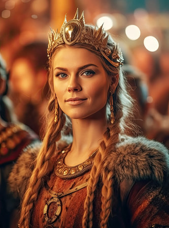 Portrait of a beautiful blonde-haired Viking princess with braids created with Generative AI technologyの素材