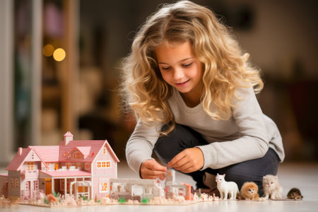 AI generated a portrait of a blonde Caucasian girl playing with a dollhouseの素材
