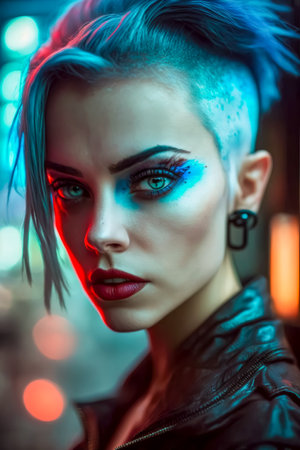 Portrait of a cyberpunk style woman with short blue hair shaved on one side. Created with Generative AI technology.の素材