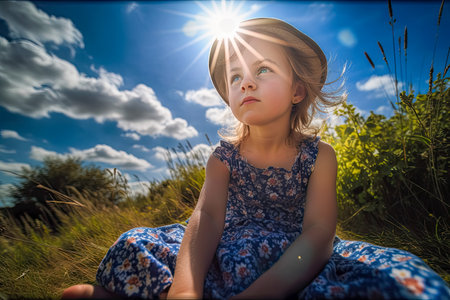 AI generated a portrait from below of a Caucasian girl in a hat sitting in the grass with the sun at its highest peak.の素材
