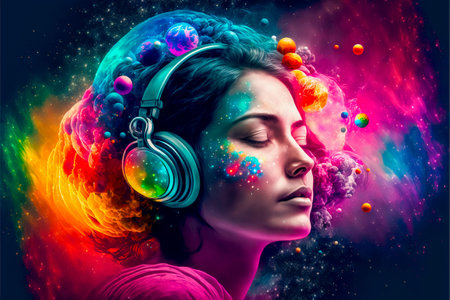 Portrait of a fictional woman with wireless headset in outer space created with Generative AI technology.の素材