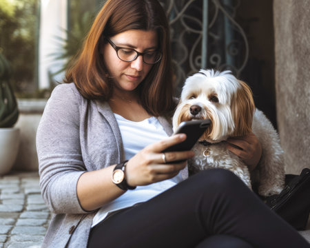 AI generated a portrait of a bespectacled woman consulting her cell phone and petting a dog standing over her.の素材