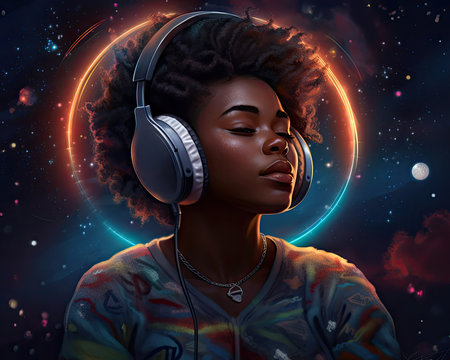 AI generated an african-american woman with headphones on in front of a colorful background.の素材