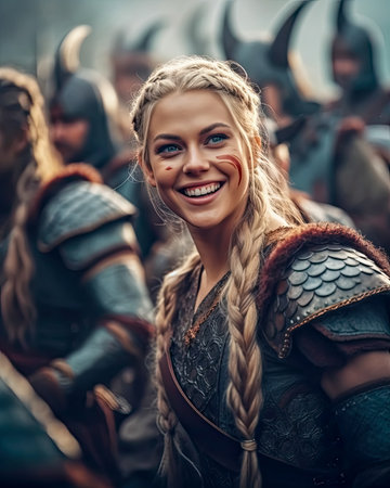 Portrait of a beautiful Viking warrior woman with blonde hair and braids created with Generative AI technologyの素材