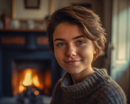 AI generated a portrait of a short-haired, blue-eyed young woman with a fireplace in the background.の素材