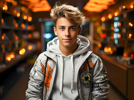 Portrait of a blonde teenager dressed in a hoodie on a background with bokeh lights created with Generative AI technologyの素材