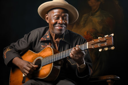 AI generated a portrait of a blind African American man smiling while playing the Spanish guitarの素材