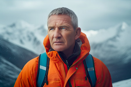 AI generated a medium shot portrait of a middle-aged hiker with snow-capped mountains in the backgroundの素材