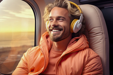 Smiling man on an airplane listening to music with his wireless headphones created with Generative AI technologyの素材