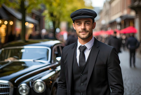 AI generated a professional chauffeur in black suit and black captain's hat on the street in front of his carの素材