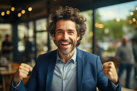 AI generated a portrait of a successful man with a cheerful expression clenching his fistsの素材