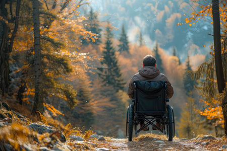 AI generated a back shot of a man in a wheelchair contemplating a forested landscapeの素材