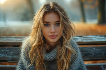 AI generated a close-up of a blue-eyed blonde woman in turtleneck sweater on a park benchの素材