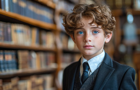 Half-length portrait of a blue-eyed, freckled Caucasian boy wearing a suit and tie in a library created with Generative AI technologyの素材