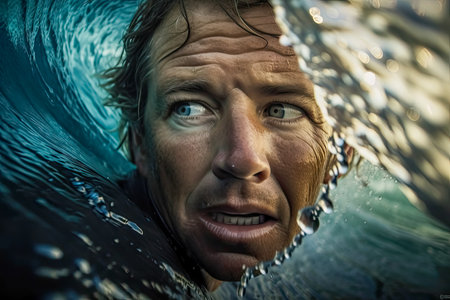 AI Generated a man's head just below an ocean waveの素材