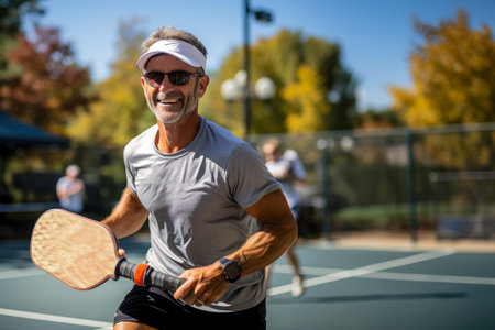 Middleaged man playing pickleball the trendy sport created with Generative AI technologyの素材