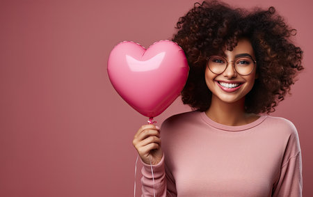 AI generated a portrait of a smiling African American woman with a pink heart shaped balloon. Valentine's Day Concept.の素材