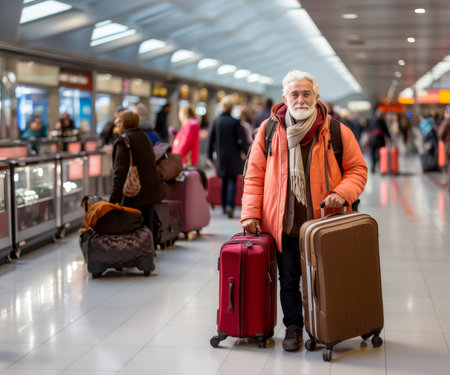 Senior man at airport ready to check in his luggage created with Generative AI technologyの素材
