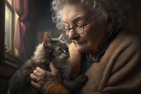 IA generated a portrait of a little old lady holding a cat in her arms and giving it a loving lookの素材