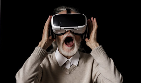 AI generated an older man with a white beard and virtual reality goggles making a surprised gesture while wearing them.の素材