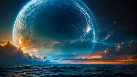 AI generated a view of a magnetic field created in the sky of an outer planet as seen from the seaの素材