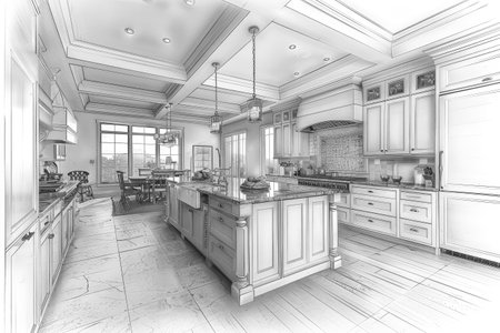 Black and white illustration of a modern kitchen created with Generative AI technologyの素材