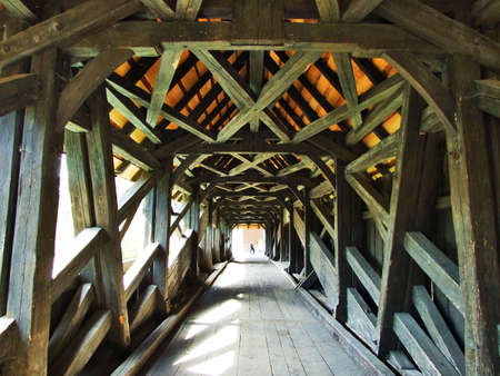 The construction of a traditional wooden bridge over the river Sitter, St. Gallenの写真素材