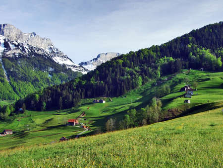Alpine panorama of the villages and pastures of the Swiss canton Appenzell, Switzerlandの写真素材