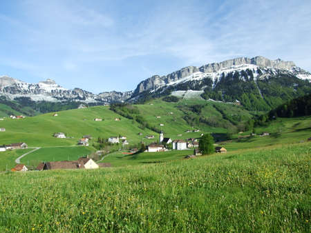 Alpine panorama of the villages and pastures of the Swiss canton Appenzell, Switzerlandの写真素材