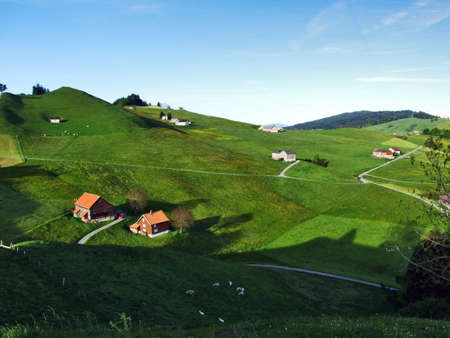 Alpine panorama of the villages and pastures of the Swiss canton Appenzell, Switzerlandの写真素材