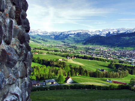 Alpine panorama of the villages and pastures of the Swiss canton Appenzell, Switzerlandの写真素材